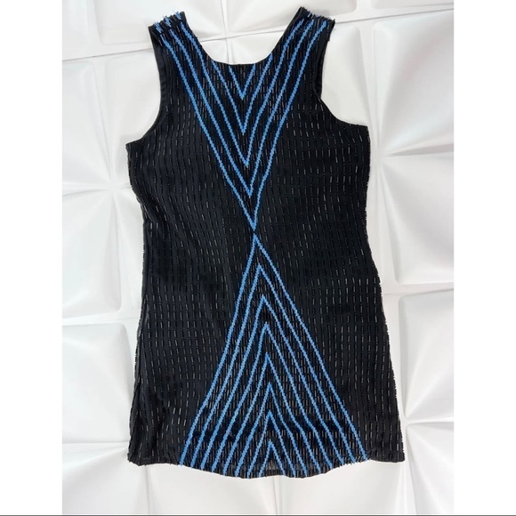 $396 NWT Parker Sz M Black Blue Silk Hourglass Chevron Beaded Mini Dress NEW - Picture 5 of 11